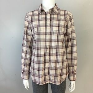 MEC Organic Cotton Shirt Button Long Sleeve Plaid Purple Peach White